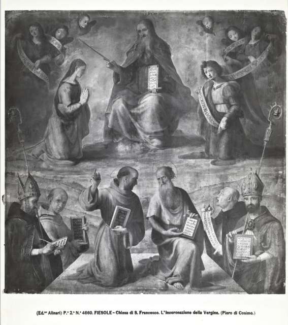 Alinari, Fratelli — Fiesole - Chiesa di S. Francesco. L'Incoronazione della Vergine. (Piero di Cosimo.) — insieme